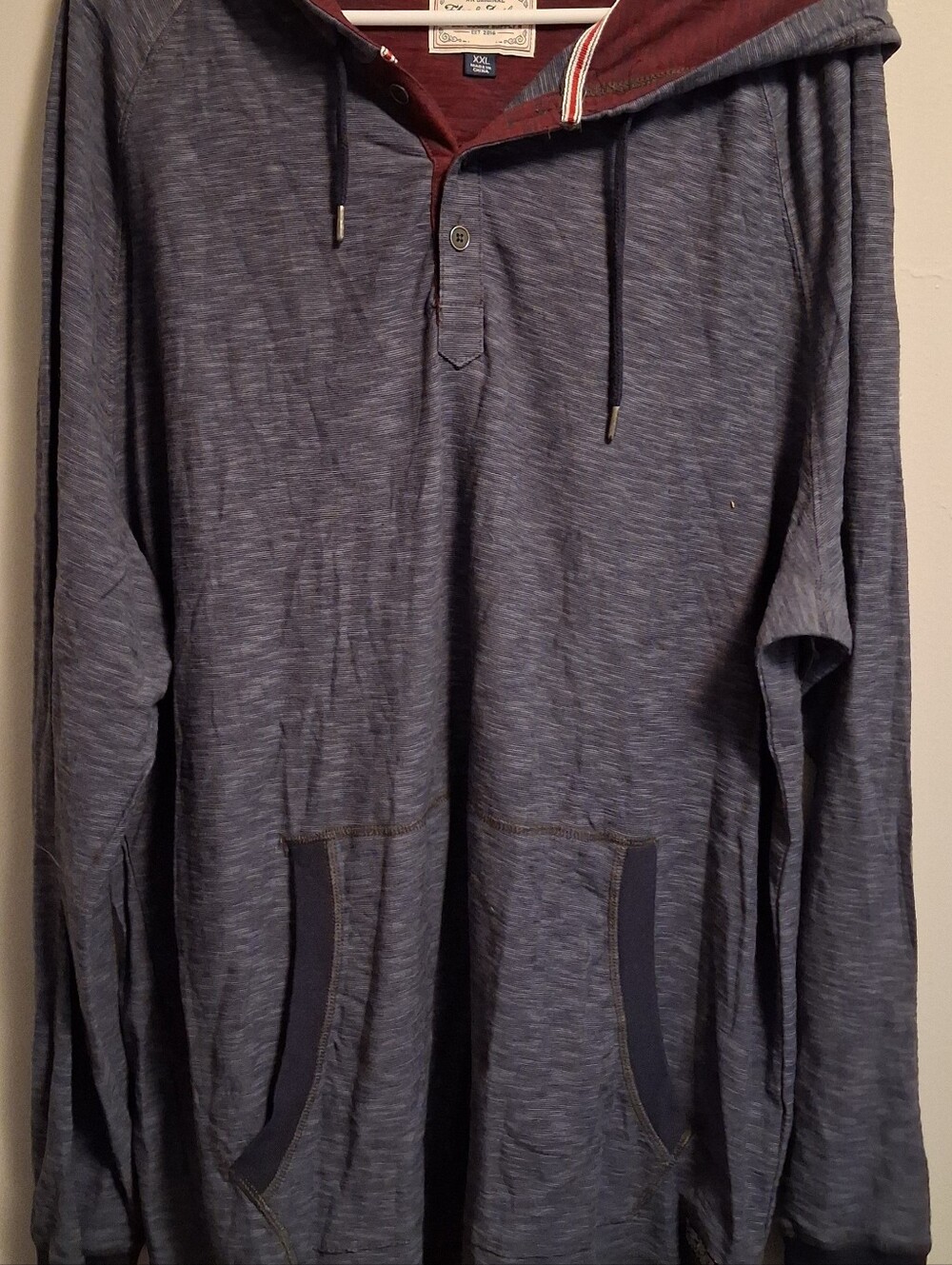 Men's Hooded Long-Sleeve Pullover Sweatshirt - Blue with Maroon Hood Lining